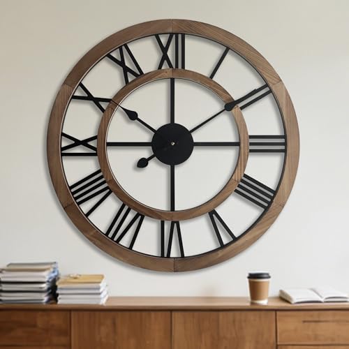 Brown 24-Inch Rustic Wooden Wall Clock with Roman Numerals - Farmhouse Decor