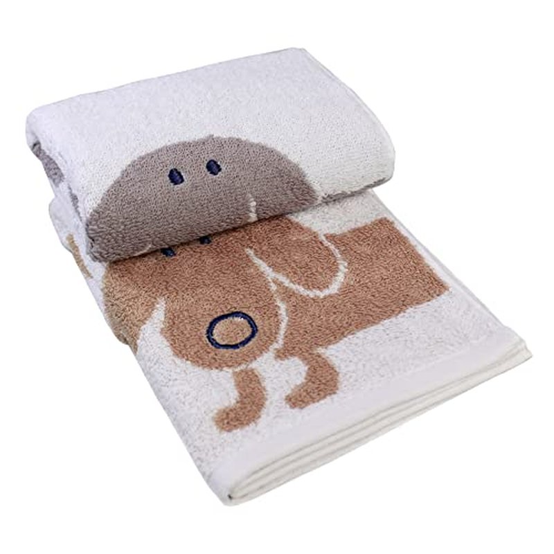Kissvian 2 Pack Pure Cotton Hand Bath Towel Set, Cartoon Dog Pattern Fingertip Towels Face Cloths, Soft and Absorbent Washcloths for Bathroom, Size 13.4" x 28.4"