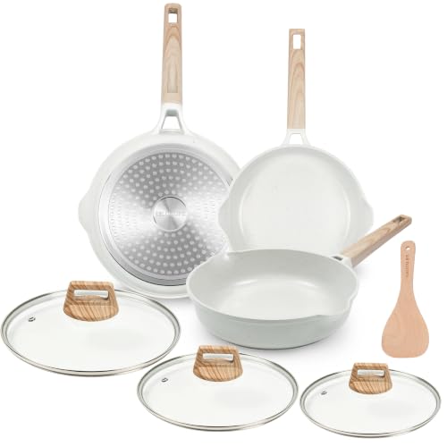 Ceramic Nonstick Skillet Set with Lids - 7 Pieces, Cream White, 8-11 Inch