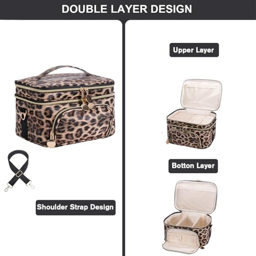 FITINI Double Layer Travel Makeup Bag - Waterproof Cosmetic Organizer with Shoulder Strap, Extra Large Brown Leopard
