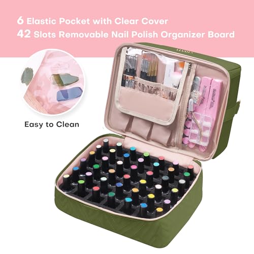 Leudes Army Green Nail Polish & Tool Organizer Bag Holds 42 Bottles