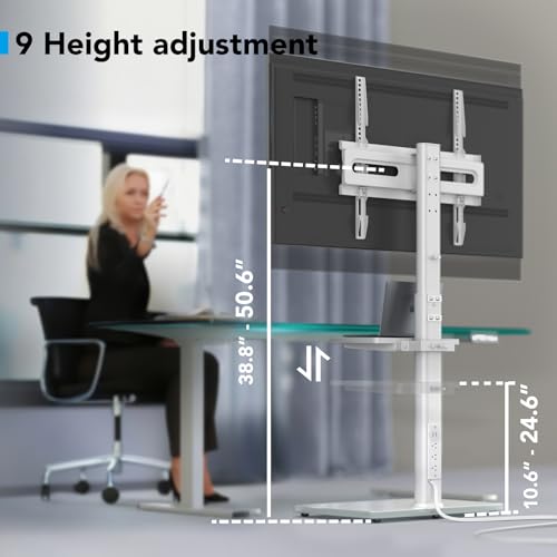 White Floor TV Stand with Power Outlet & Shelf for 27-65 inch TVs, 70° Swivel, 9-Level Height Adjustable