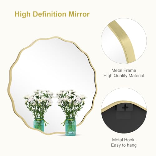 Gold Wavy Round Wall Mirror 32 Inch for Bathroom Bedroom Living Room - Modern Aluminum Frame, Decorative Mirror