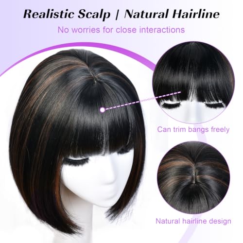 Highlight Brown Bob Wig with Bangs - Short Synthetic Wigs for Women Girl - Curly & Soft