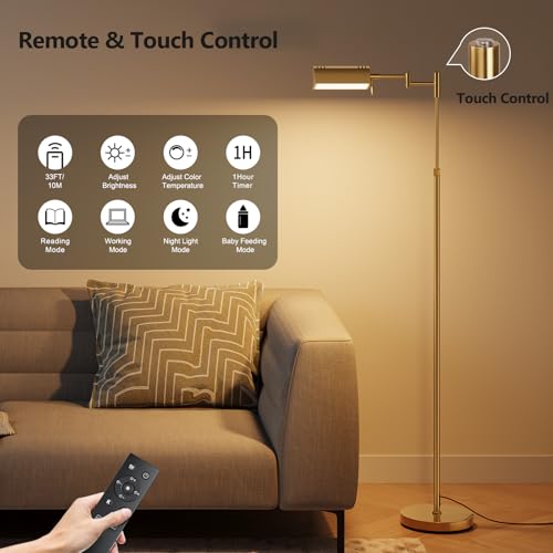 Gold Dimmable LED Pharmacy Floor Lamp with Remote & Adjustable Height