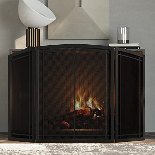 FireBeauty 3‑Panel Wrought Iron Fireplace Screen 48x30 Inch Black Guard