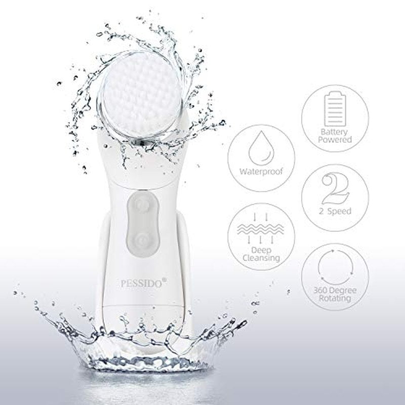 Facial Cleansing Brush, Waterproof Spin Face Brush Set with Holder and 6 Brush Heads, Gentle Exfoliating, Deep Cleansing, Massaging and Removing Blackhead for Women and Men (White)