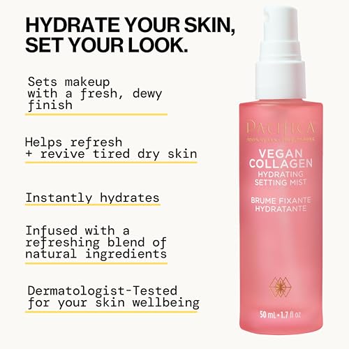 Pacifica Beauty Vegan Collagen Hydrating Setting Mist ? Hydrating Illuminating Face Primer for Dewy Skin, w/Vegan Collagen & Squalane for Radiant Glow, Soft-Focus Pore Blurring Makeup Base