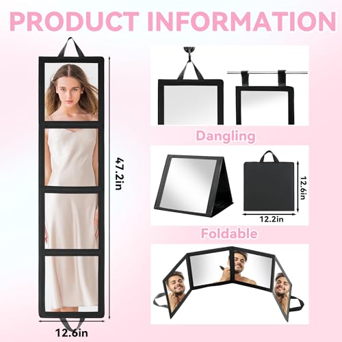 ROYALAY Black Foldable Full Length Body Mirror with Handle, 47x13in, Portable Travel Dance & Dressing Mirror