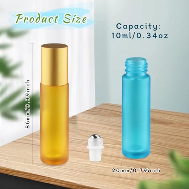 20 Pcs 10ml/0.34oz Frosted Glass Bottle Refillable Roller Bottles with Stainless Steel Roller Balls & Aluminum Screw Caps for Perfume Essential Oil Lip Gloss Travel - Multicolor