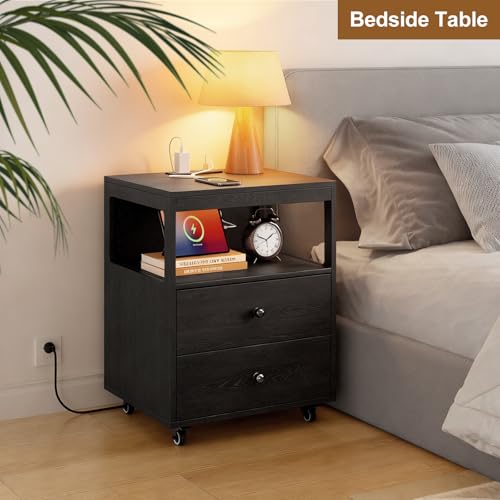 Black Bedroom Nightstand with Charging Station, 2 Drawers, Wheels
