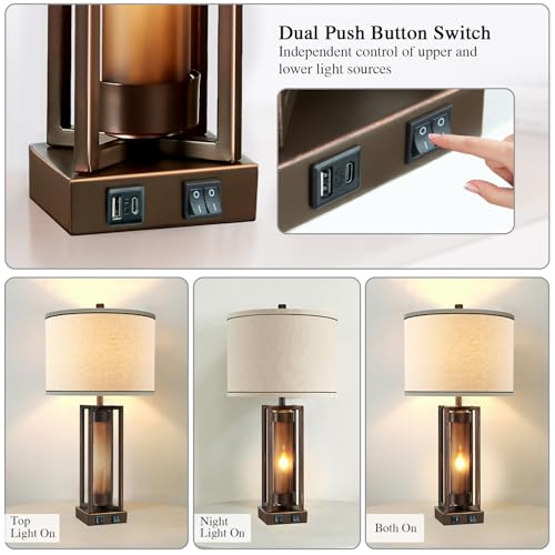 Farmhouse Table Lamps Set of 2 with USB C+A Ports - Brown