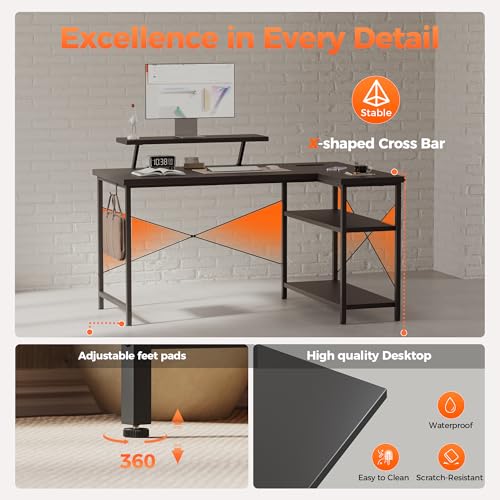 Corner Gaming Desk with Monitor Stand, Reversible L-Shape Computer Desk