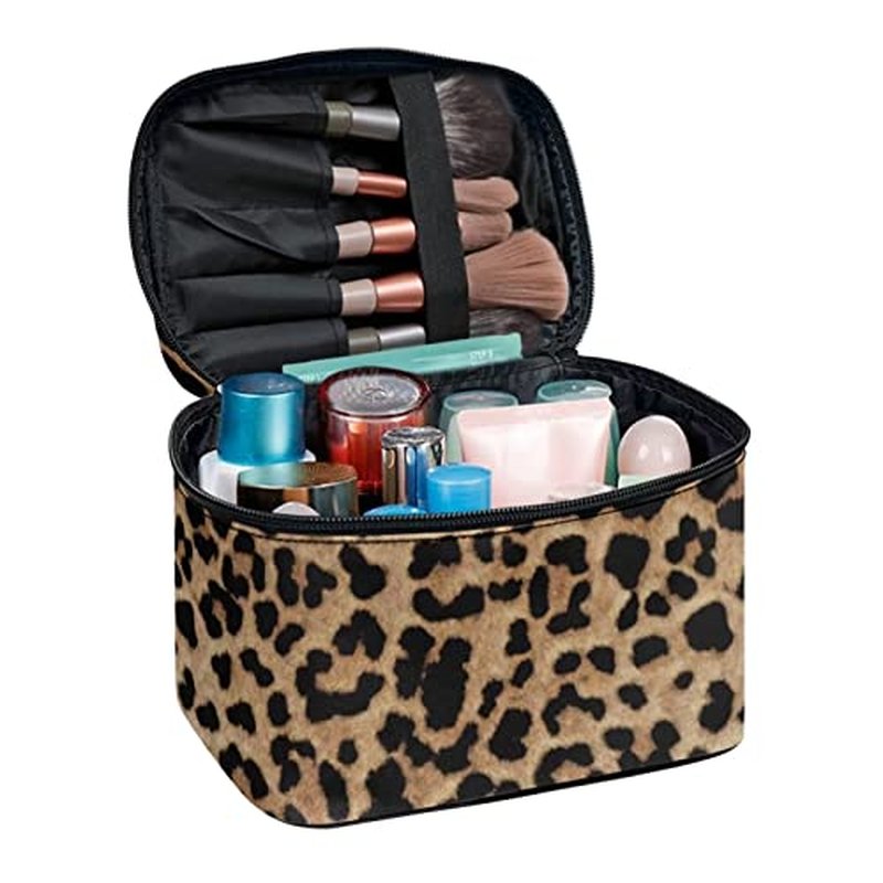 JEOCODY Leopard Print Makeup Pouch Multifunction Cosmetic Bag with Handle Toiletry Bag Waterproof Travel Hanging Organizer Bag for Women Girls
