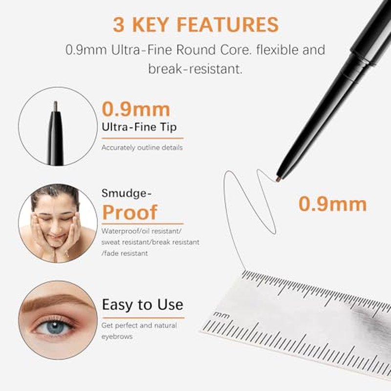 Browcharm Microblading Brow Pencil, 0.9mm Fine Tip, Waterproof Eyebrow Pencil, with 1+1 Same Color Refills, Shapes, Defines, Fills, and Contours for Full, Natural-Looking Brows (02 Light Grey)