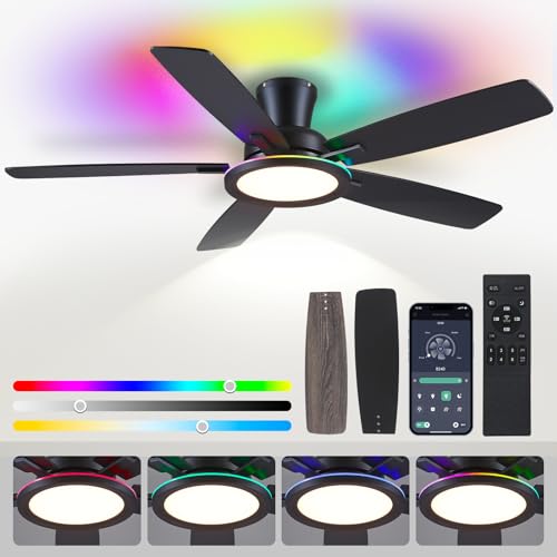 BYKISTOK 52-Inch Flush Mount Ceiling Fan with RGB Light - Black Reversible Mute Motor