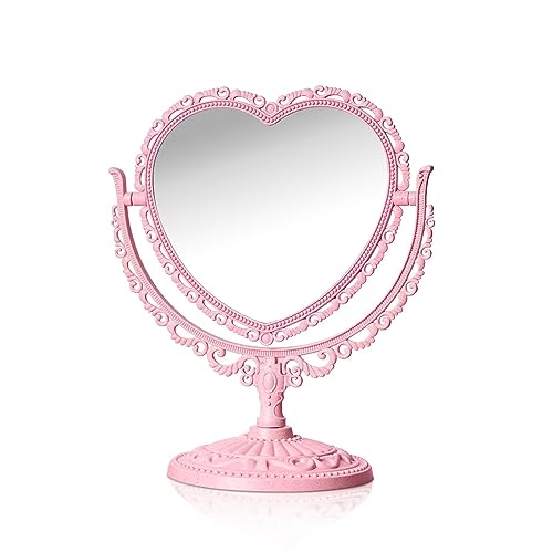 Pink Heart Vanity Mirror - Double Sided 360 Degree Swivel - Aesthetic Makeup Cosmetic Mirror for Table Desk Countertop Dresser Coquette Bathroom Bedroom Decor