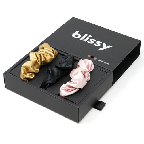 Silk Scrunchies 3 Pack - Black, Gold & Pink - 100% Mulberry Silk, 22 Momme, High-Grade Hair Ties (Regular)