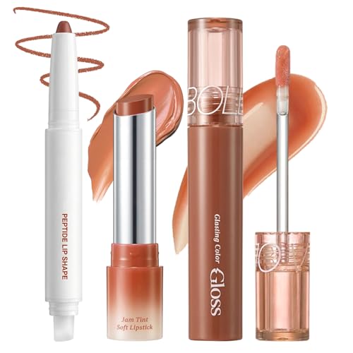 3PCS Lip Combo Set ? Matte Lip Liner Pencil, Hydrating Tint Lipstick & Shine Gloss, Non-Sticky Long-Lasting Plumping Lip Makeup Kit for Women, Volume Sculpt Trio, 02