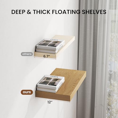 Floating Wall Shelves - 55-Inch Oak Deep Shelves for Living Room & Bedroom - Set of 1