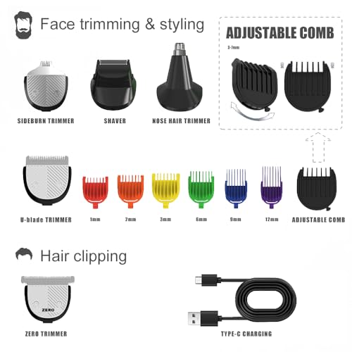 Beard Trimmer for Men ? Stainless Steel Electric Razor & Shaver, Cordless Hair Clippers Grooming Kit, IPX7 Waterproof Nose Ear Face Body Trimmer, USB-C Rechargeable with Travel Lock, Gifts for Men