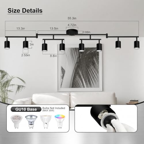 AUQUEE 8 Light Black Track Lighting Fixtures Ceiling - Modern Rotatable LED for Kitchen & Hallway, No GU10 Bulbs Included
