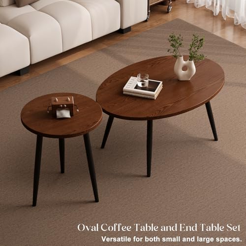 Semjar Oval Walnut Coffee & End Table Set - 2 Pcs Nesting Modern Living Room Furniture
