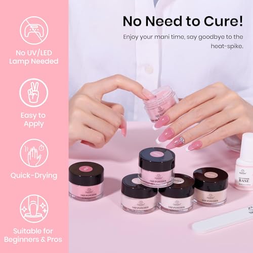 Beetles Pink Dip Powder Nail Kit 6 Color Nude Pink Brown Dip Nails Powder Starter Kit All Season Nail Dip Powder Kit No Need Nail Lamp DIY Salon at Home Valentines Gift for Women