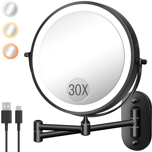 8 Inch Wall Mounted Magnifying Makeup Mirror with Light - Black - 30X/1X Variation