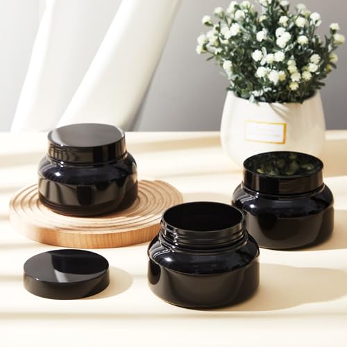 24 Pack 8 oz Plastic Cosmetic Jars with Lids & Labels - Black, Leakproof, Reusable
