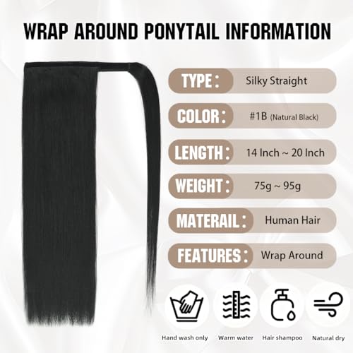 Natural Black 16 Inch Human Hair Ponytail Extension - Clip-In & Wrap Around US