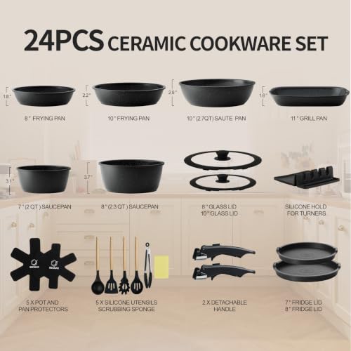 Black 24-Piece Ceramic Cookware Set with Detachable Handles - Nonstick, Induction Safe