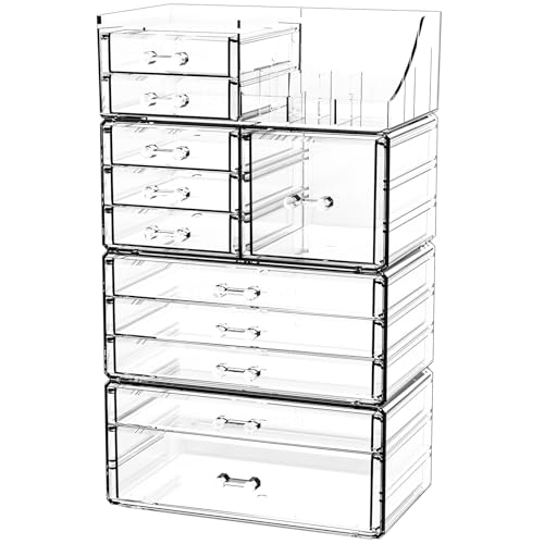 11 Drawer Acrylic Makeup Organizer Set - Stackable Cosmetic Storage for Vanity & Bathroom - Large Plastic Skincare Drawer Bins - 4-Pack