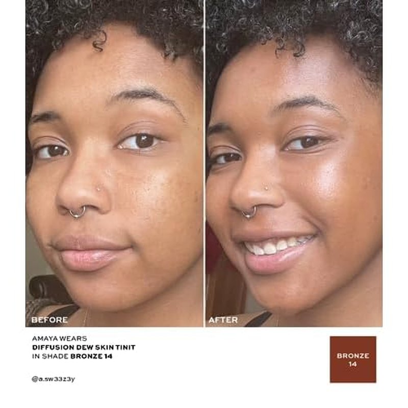 MAKE Beauty Diffusion Dew Skin Tint. Sheer to Medium Coverage Radiant Finish. Blurring, Smoothing, and Brightening for Glowing Complexion. Enhanced with Niacinamide and Adenosine. Bronze 14