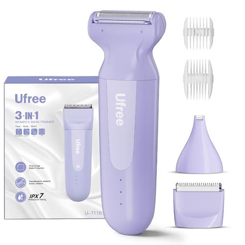 Ufree 3-in-1 Women's Electric Razor with Ceramic Blades, IPX7 Waterproof Bikini Trimmer for Women, Pubic Hair Trimmer, Cordless Rechargeable Shaver for Legs, Armpit, Valentine's Gifts for Her
