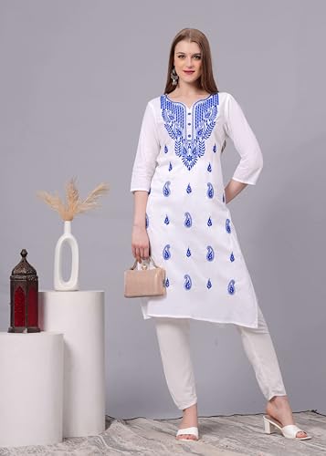 XX-Large Blue Traditional Chikankari Cotton Kurti for Women - Hand Embroidered Tunic