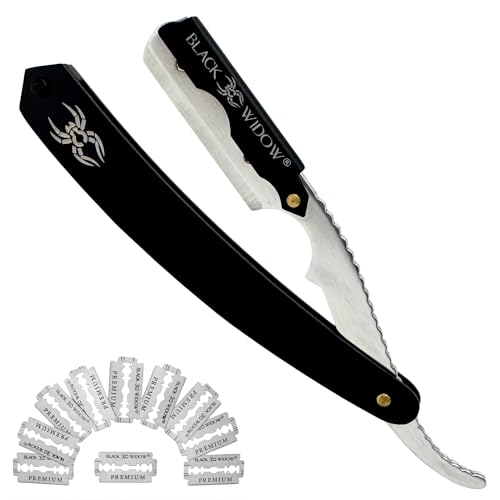 Black Widow Professional Barber Straight Edge Razor - Black, 1.5mm Blade Exposure, Stainless Steel & Chrome, 10 Double Edge Blades