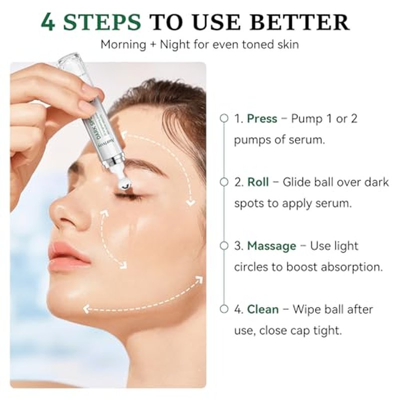 Dark Spot Remover for Face and Body - Dark Spot Corrector for Sun Spots Age Spots Freckles Melasma Brown Spot - Dark Spot Correcting Glow Serum with 360-Degree Roller 0.67 Fl Oz