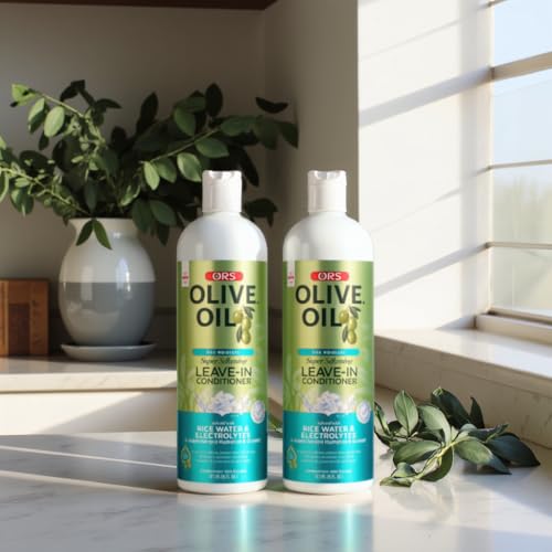 ORS Olive Oil Max Moisture Leave-In Conditioner with Rice Water and Electrolytes for Supercharged Hair Hydration 16.0 Ounce (Pack of 2)