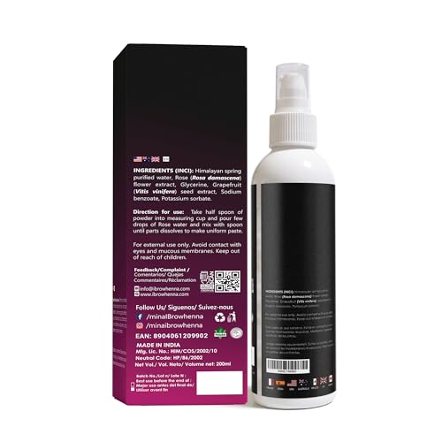 Mina Rose Water Facial Toner And Eyebrow Henna Tint Fixing Solution | Organic, Refreshing Natural Rose Water | 200ml
