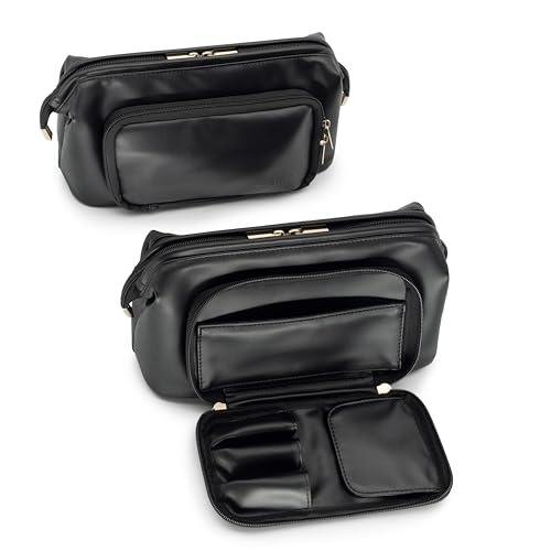 TREND-X PU Leather Makeup Bag with Brush Compartment, Open Flat Travel Cosmetic Organizer for Women, Large Capacity Vanity Makeup Bag