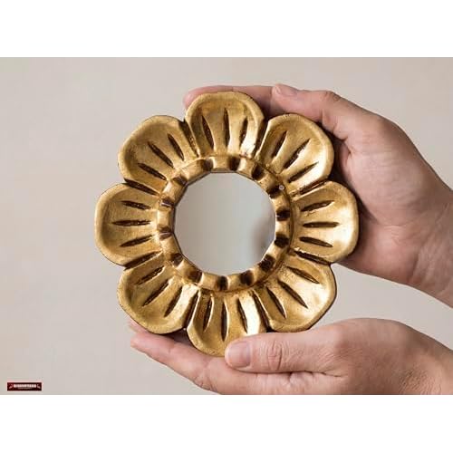 Peruvian Gilded Bronze Leaf Round Mirror 6¡±- Luxury Hand-Carved Wood Flower Wall Art - Small Space Art