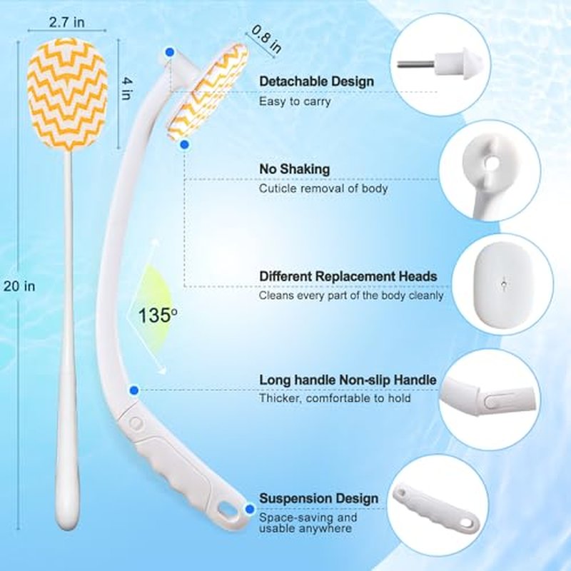 Celestite 20¡± Long Handle Shower Brush for Body, Back Scrubber for Shower with 3 Pcs Brush Heads, Exfoliation and Improved Skin Health Suitable for Women, Men, Elderly (White)