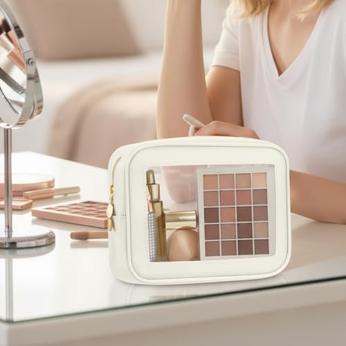 Clear Makeup Bags Set - 6 Pcs Cream White Travel Toiletry Organizer 21x15x6cm - Waterproof Nylon PVC