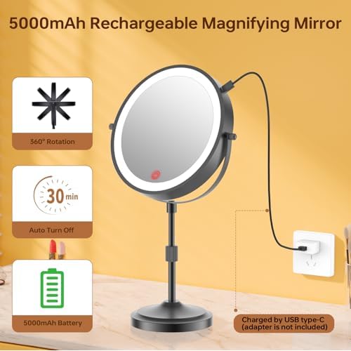 9" Magnifying Mirror with Lights 20X, Height Adjustable Lighted Makeup Mirror with Magnification, 5000mAh Rechargeable Battery, Dimmable, 3 Lighting Colors, Black