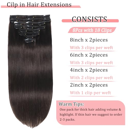 Dark Brown 16-Inch Remy Clip-In Hair Extensions - Natural Human Hair Set, 8pcs