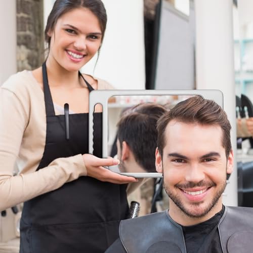 Unbreakable Handheld Barber Mirror with Double Handles - Silver Gray, 15.8 x 10.2 inches