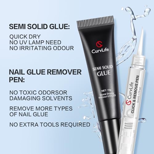 Semi Solid Nail Glue Gel Pack of 2 15g with Nail Remover Pen - No UV Needed