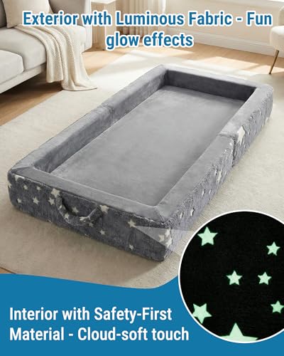 Glow-in-the-Dark Toddler Floor Bed - Foldable Travel Bed with Safety Rails, Gray