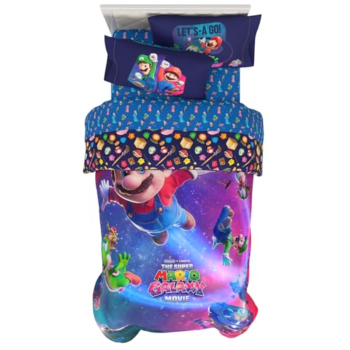 Super Mario Galaxy Movie Bedding Set - Twin Reversible Comforter & Sheet Set, Kids Officially Licensed